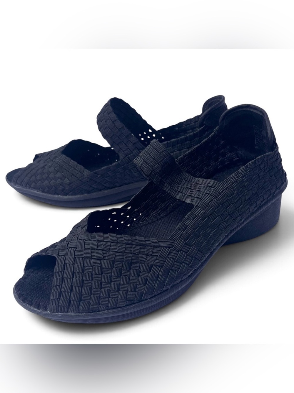 BM Bernie Mev Woven Wedge Sandal Mary Jane Black Comfort Shoe 38 US 7 Peep Toe